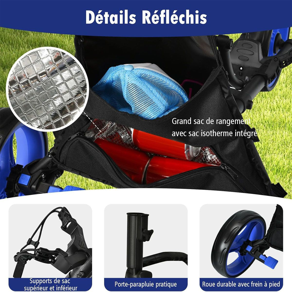 Chariot De Golf Pliable À 3 Roues Sangle Elastique Porte-Parasol Réglable Et Porte-Gobelet Sac Recouvert D'Aluminium Bleu/Gris/Rouge/Vert