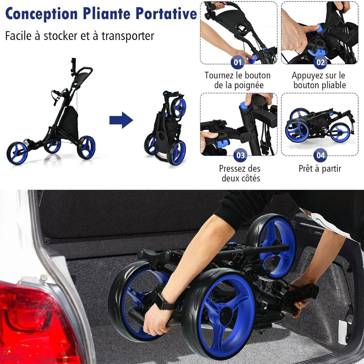 Chariot De Golf Pliable À 3 Roues Sangle Elastique Porte-Parasol Réglable Et Porte-Gobelet Sac Recouvert D'Aluminium Bleu/Gris/Rouge/Vert