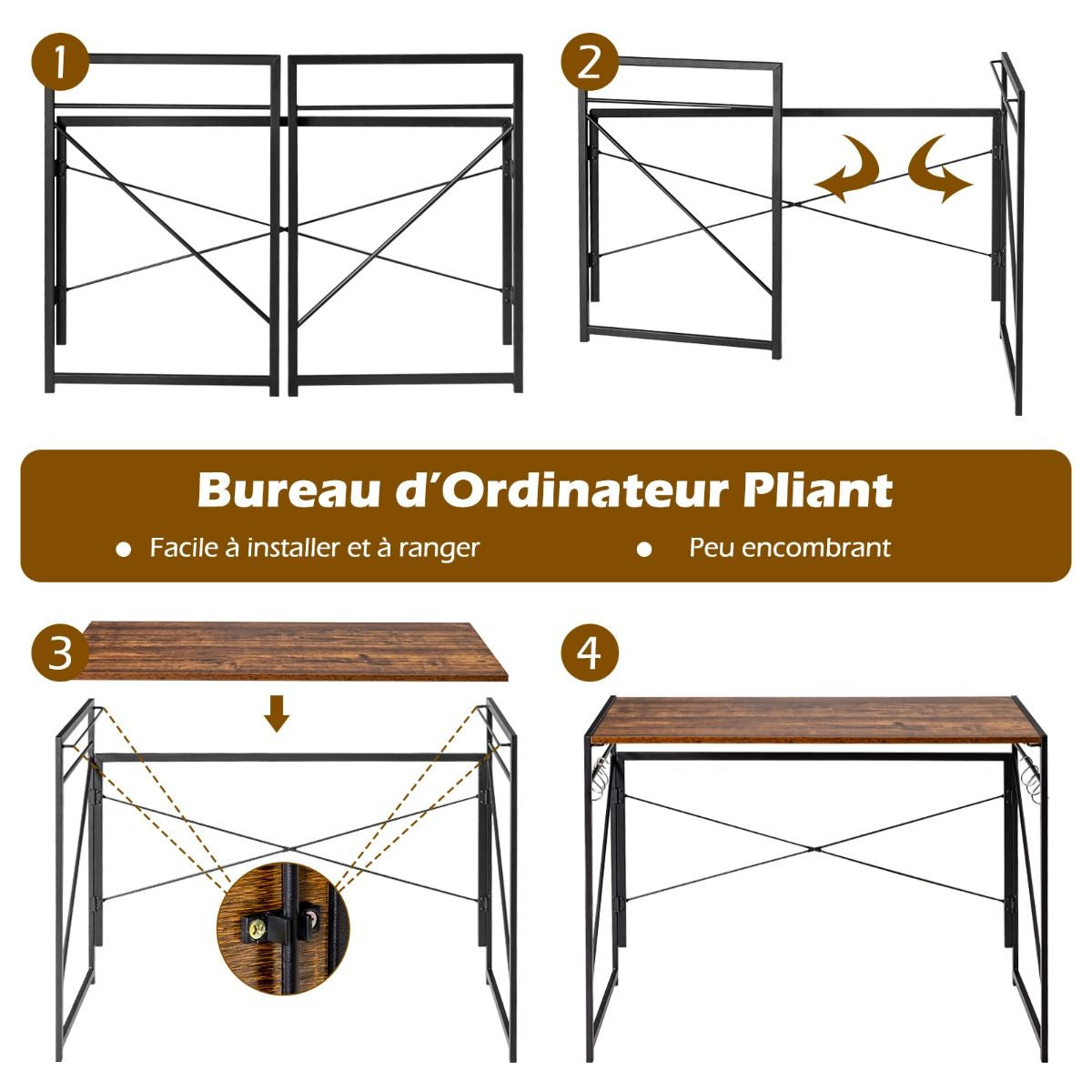 Bureau D'Ordinateur Pliant 100X50X75 Cm Table De Bureau Cadre En Métal 6 Crochets En Forme De S Style Industriel Capacité 115Kg Noir/Café/Marron