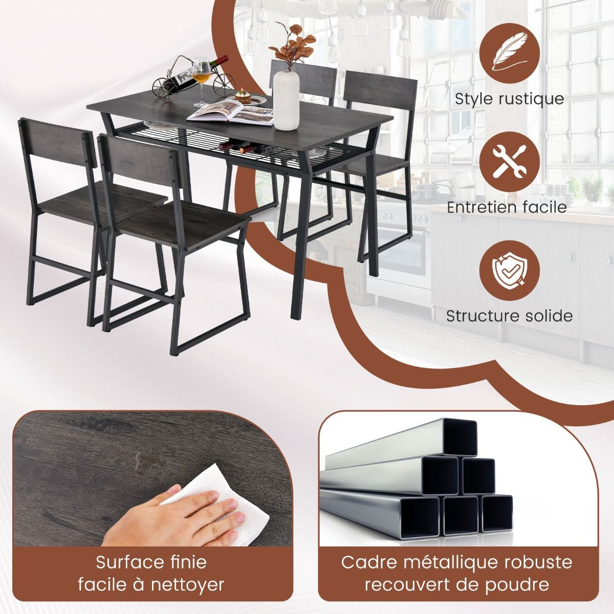 Ensemble De Table À Manger 5 Pièces Table De Cuisine Rectangulaire Industrielle Avec 4 Chaises Étagère De Rangement Cadre En Métal Ensemble Marron Rustique/Gris