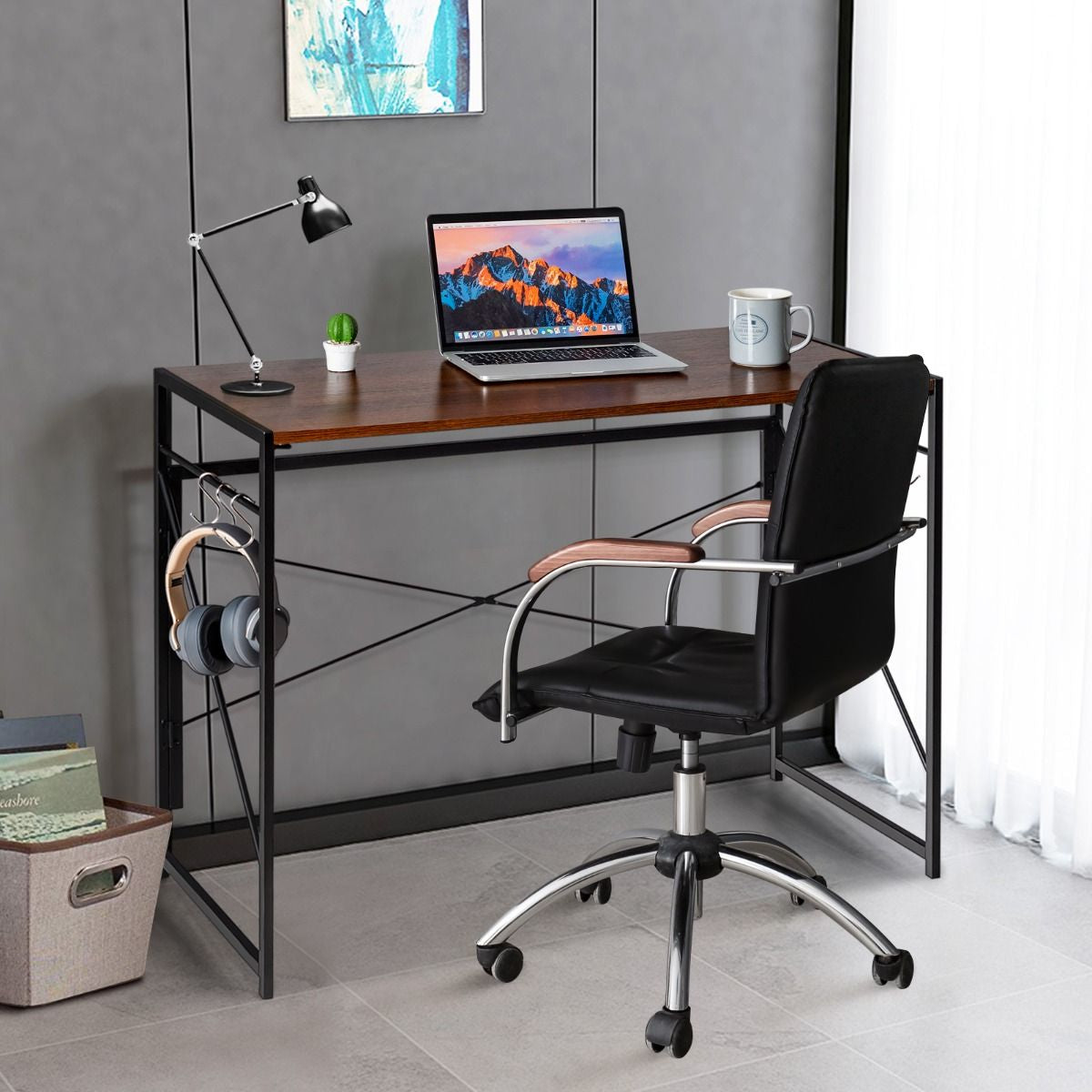 Bureau D'Ordinateur Pliant 100X50X75 Cm Table De Bureau Cadre En Métal 6 Crochets En Forme De S Style Industriel Capacité 115Kg Noir/Café/Marron