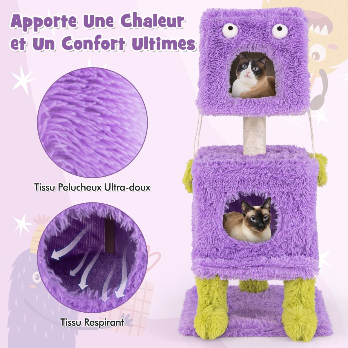 Arbre À Chat Originale Sur Le Thème Des Monstres Avec 2 Condos Privés Peluche Douce Griffoir En Sisal Jouets Suspendus Violet
