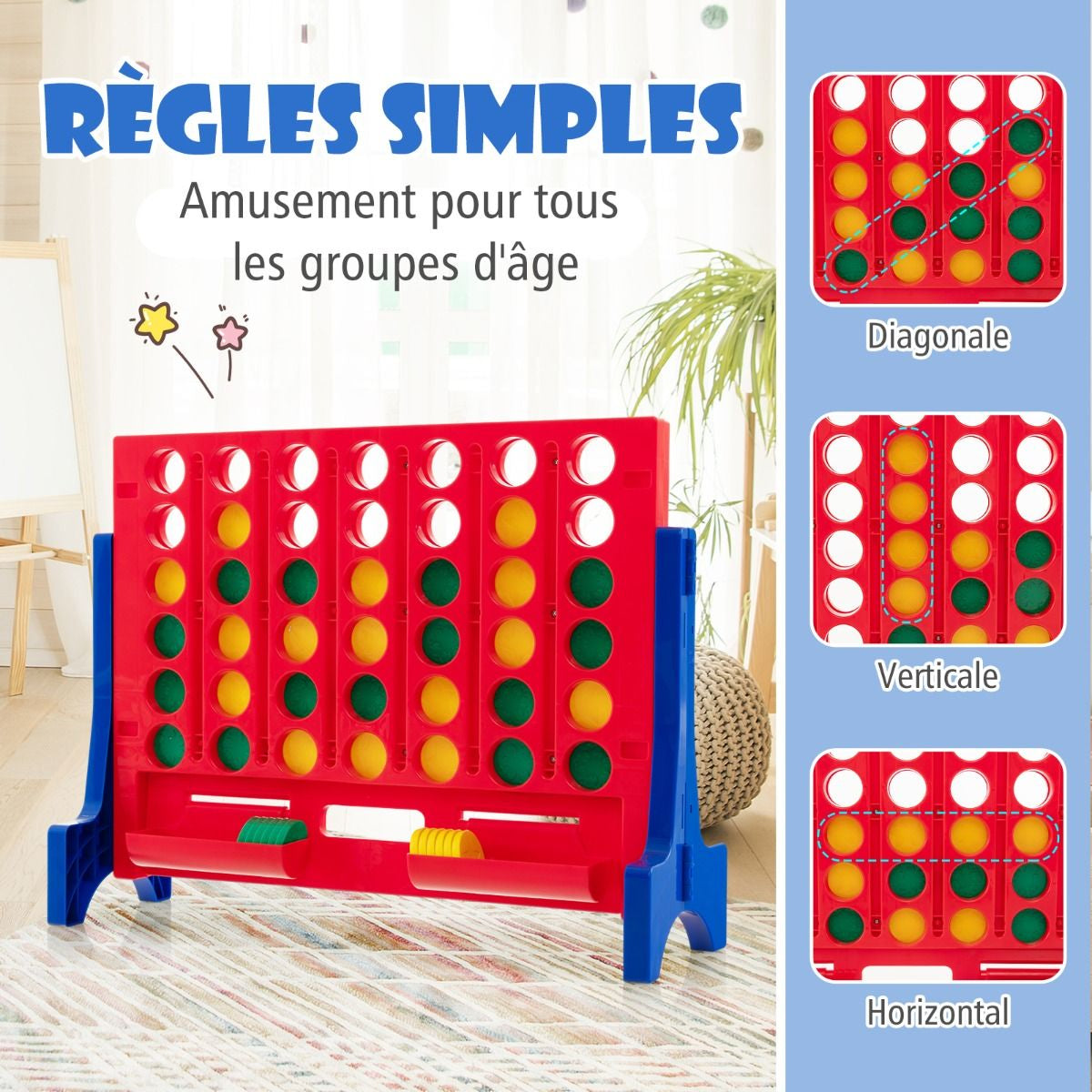 Jeux Puissance 4 Géant Mural Avec 42 Jetons Jeu De Société Ludique & Éducatif Avec 2 Plateaux Utilisation 62X20X48,5Cm Bleu/Rouge
