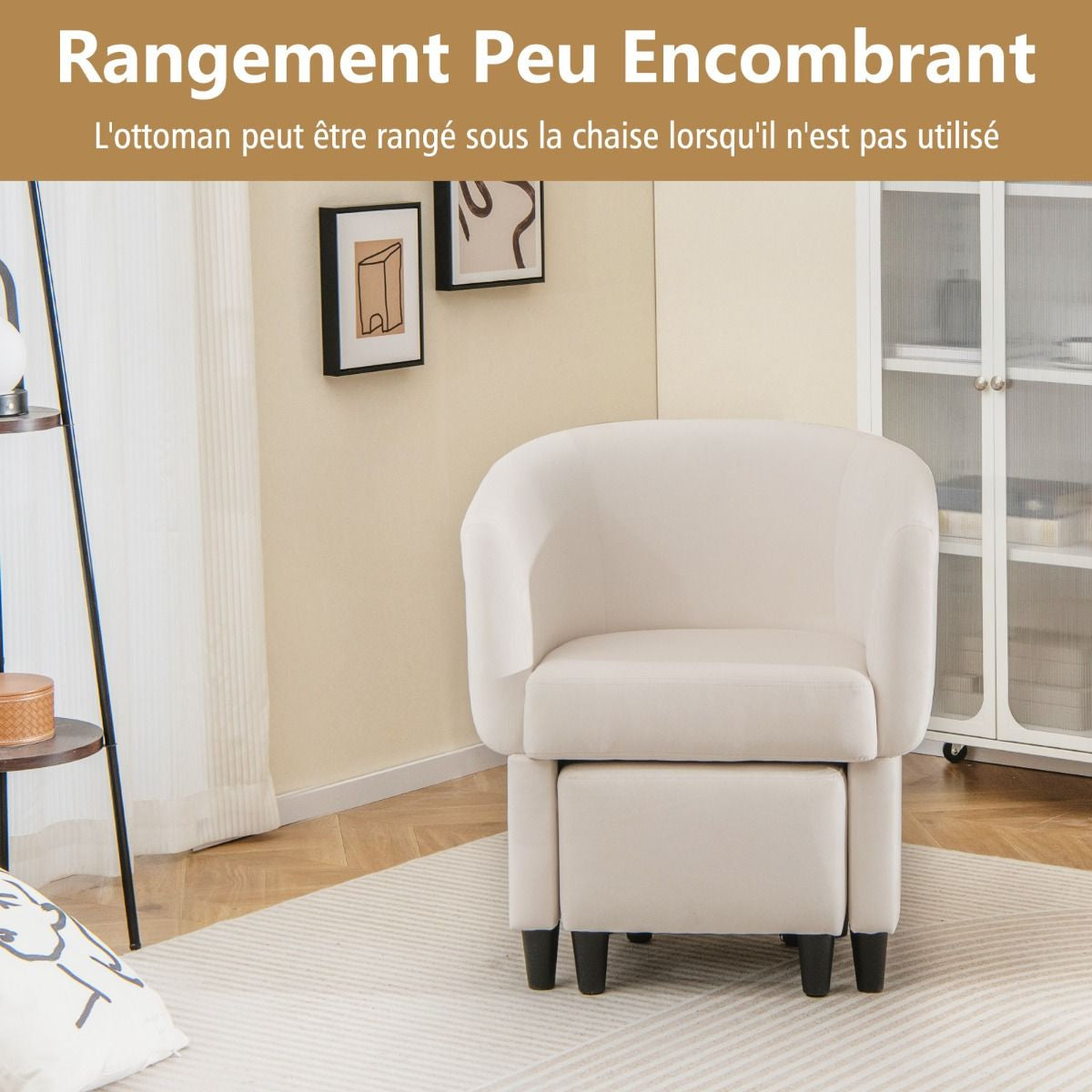 Fauteuil Tonneau Rembourré En Velours Avec Repose-Pieds Fauteuil D'Appoint Avec Pouf Cadre En Bois Massif Patins Beige/Gris