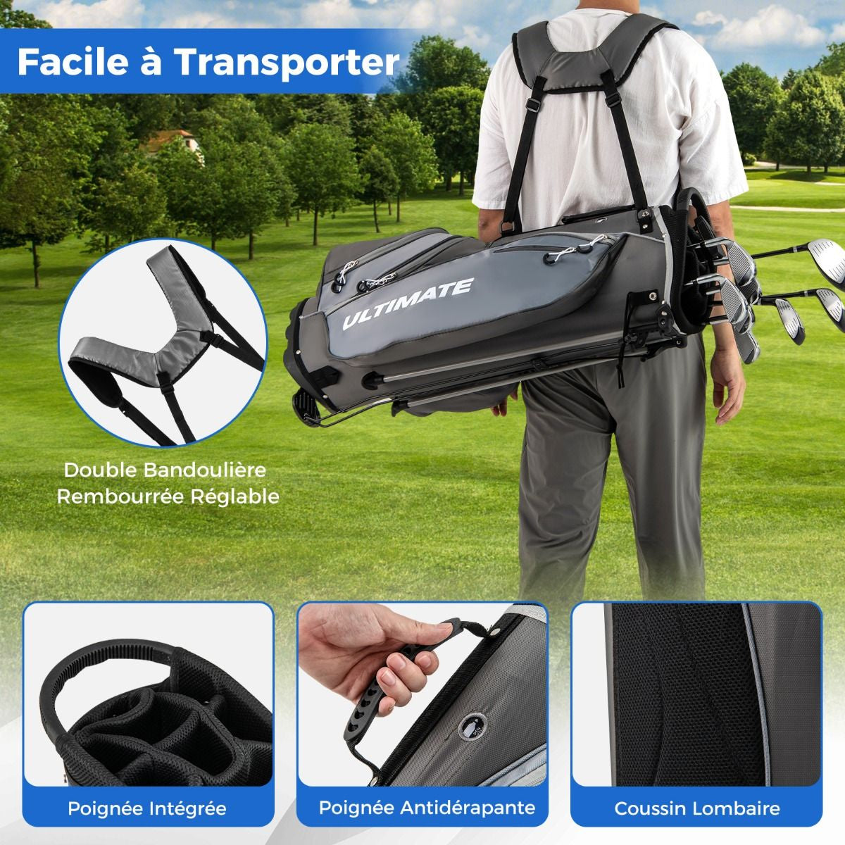 Ensemble De Clubs De Golf 9 Pièces Pour Débutant Avec Sac Trépied Conception Ergonomiqu En Métal Robuste Bleu/Gris/Noir