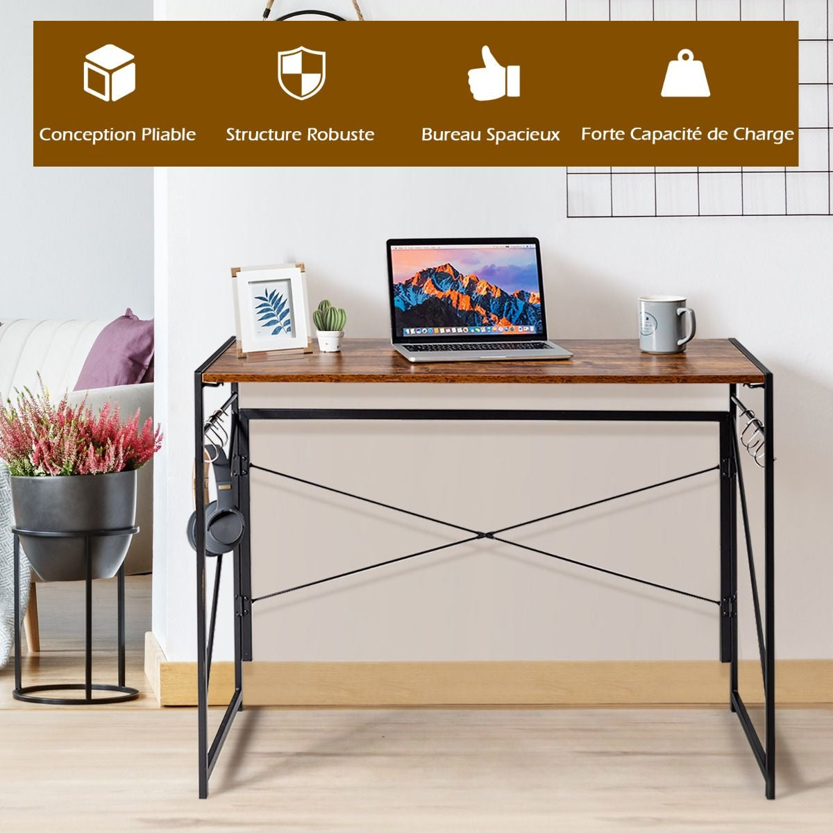 Bureau D'Ordinateur Pliant 100X50X75 Cm Table De Bureau Cadre En Métal 6 Crochets En Forme De S Style Industriel Capacité 115Kg Noir/Café/Marron