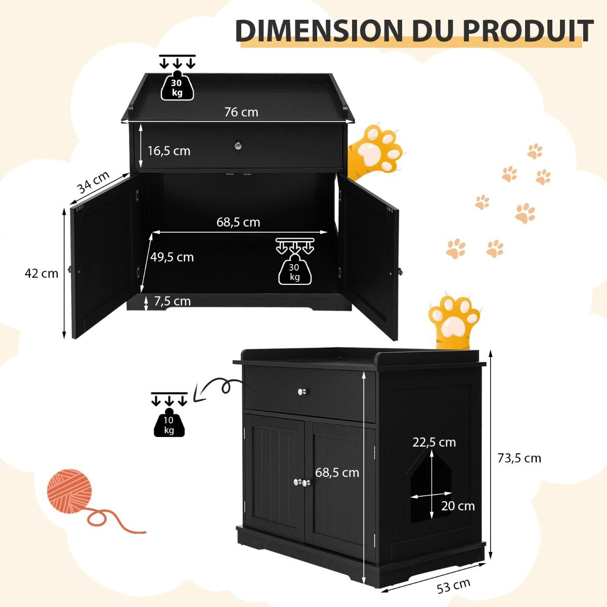 Enceinte De Bac À Litière Pour Chat Meubles De Toilette Cachés Pour Chat Avec Tiroir Et 2 Portes Table D'Appoint Pour Chat Blanc/Noir