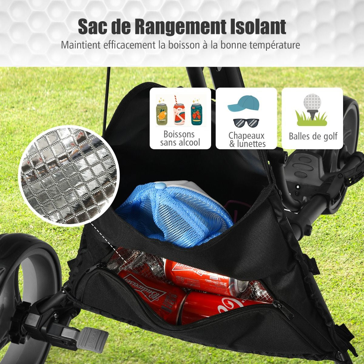 Chariot De Golf Pliable À 3 Roues Sangle Elastique Porte-Parasol Réglable Et Porte-Gobelet Sac Recouvert D'Aluminium Bleu/Gris/Rouge/Vert