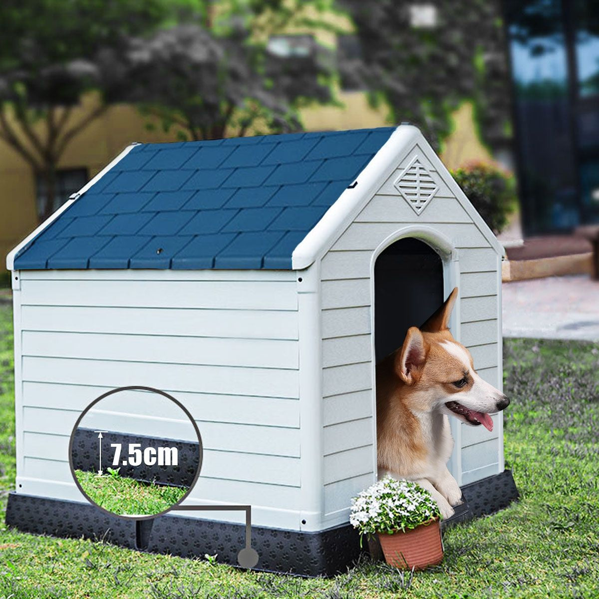 Niche Pour Chien En PP Avec Toit Bleu+Blanc Imperméable Et Ventilé-Bouche D’Aération Et Plancher Surélever 70X65X71,5Cm Taill S/M