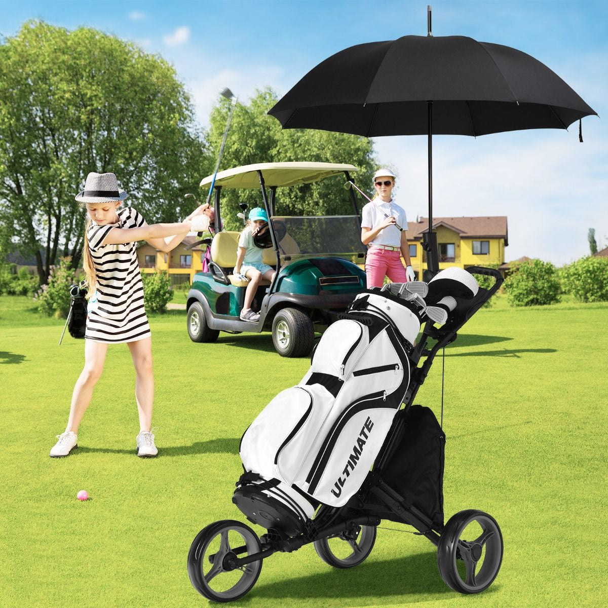 Chariot De Golf Pliable À 3 Roues Sangle Elastique Porte-Parasol Réglable Et Porte-Gobelet Sac Recouvert D'Aluminium Bleu/Gris/Rouge/Vert