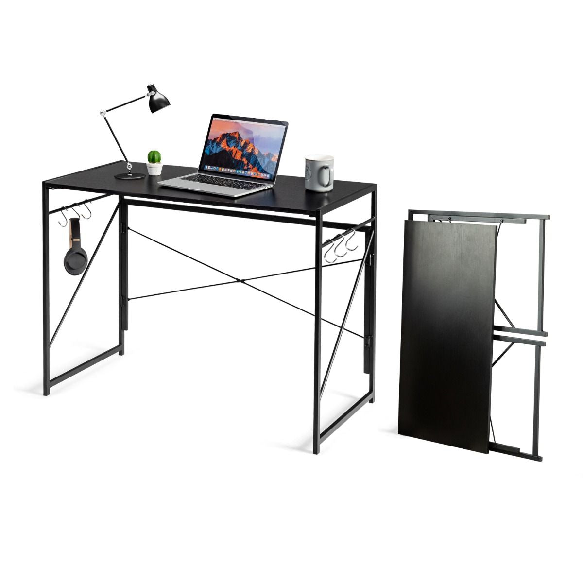 Bureau D'Ordinateur Pliant 100X50X75 Cm Table De Bureau Cadre En Métal 6 Crochets En Forme De S Style Industriel Capacité 115Kg Noir/Café/Marron