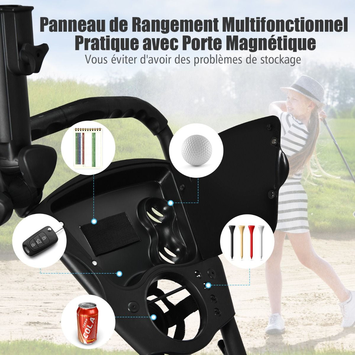 Chariot De Golf Pliable À 3 Roues Sangle Elastique Porte-Parasol Réglable Et Porte-Gobelet Sac Recouvert D'Aluminium Bleu/Gris/Rouge/Vert