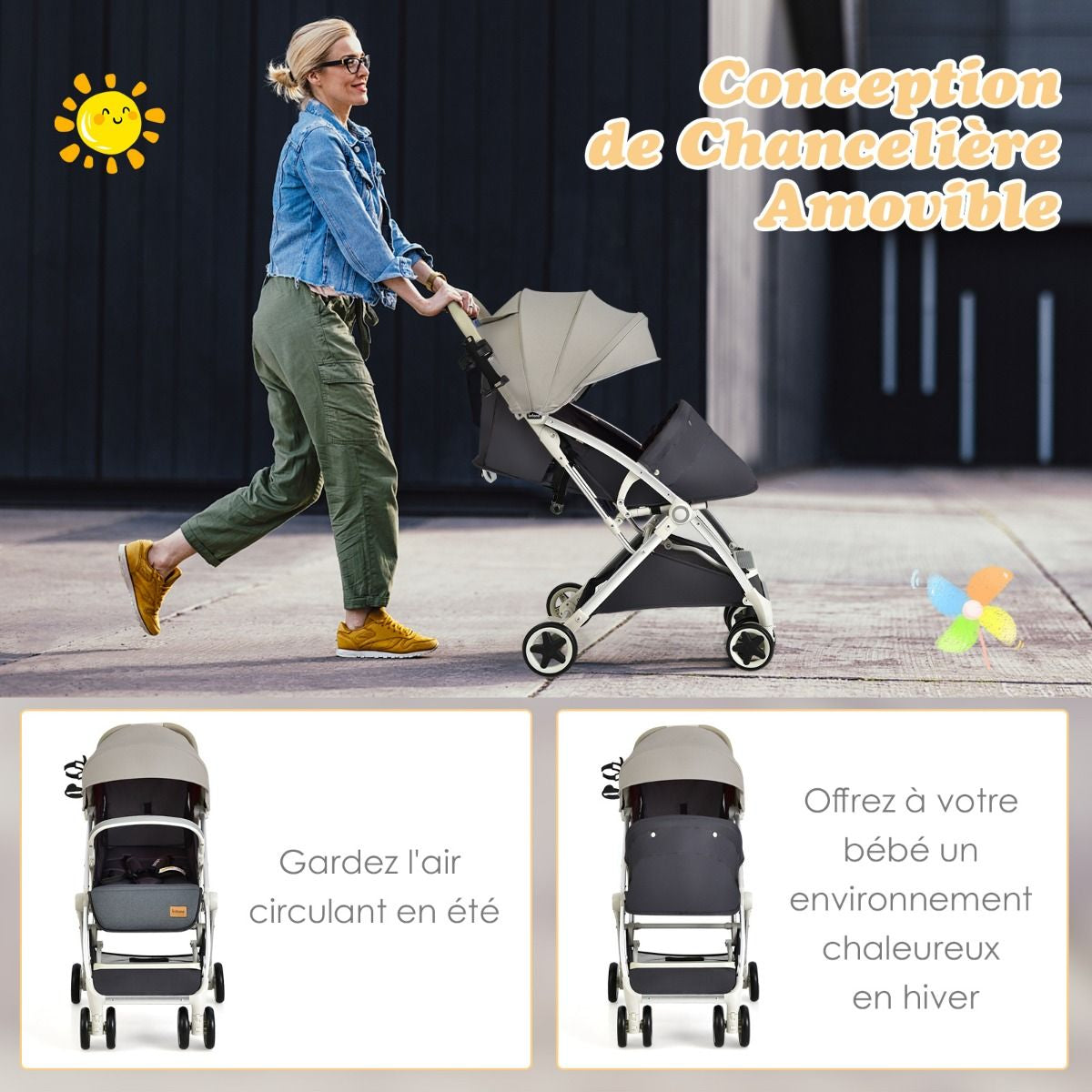 Poussette De Voyage Pour Bébé Avec Pare-Soleil Inclinable Porte-Gobelet Harnais 5 Points Dossier Réglable Chancelière Rangement Inférieur Gris/Noir