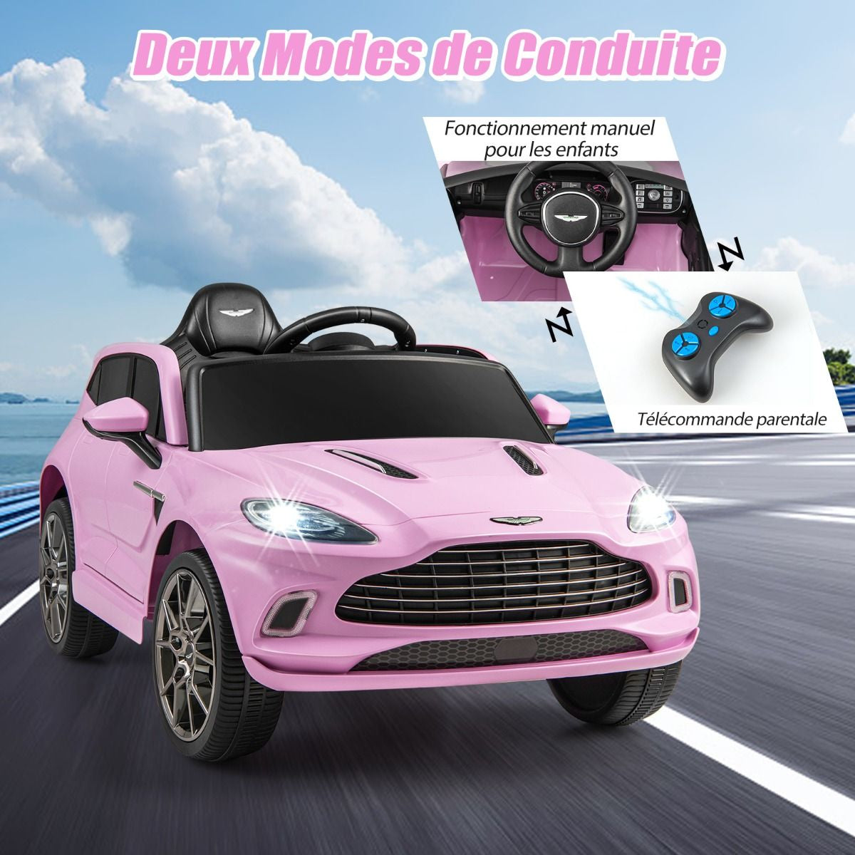 Aston Martin DBX Voiture Electrique 12V Enfants Avec Télécommande 2,4G Véhicule Moderne Avec Lumières LED Et Musique Pour 3-8 Ans Rose/Blanc