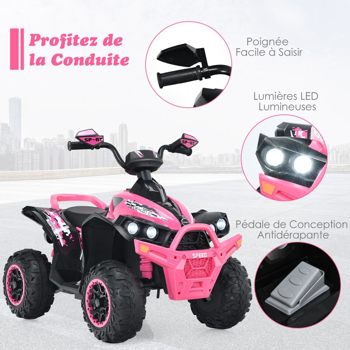 Quad Electrique Pour Enfants 12V7Ah LED Musique Pédale Klaxon 3-4 Km/H Pour Enfants De 3 À 8 Ans Rose/Bleu/Violet/Noir