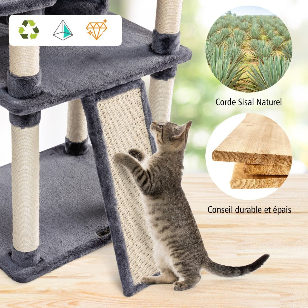 Arbre À Chat Griffoir 60X50X170 Cm Avec Poteaux Planche À Gratter 3 Perchoirs En Peluche 2 Niches 3 Peluches Suspendues