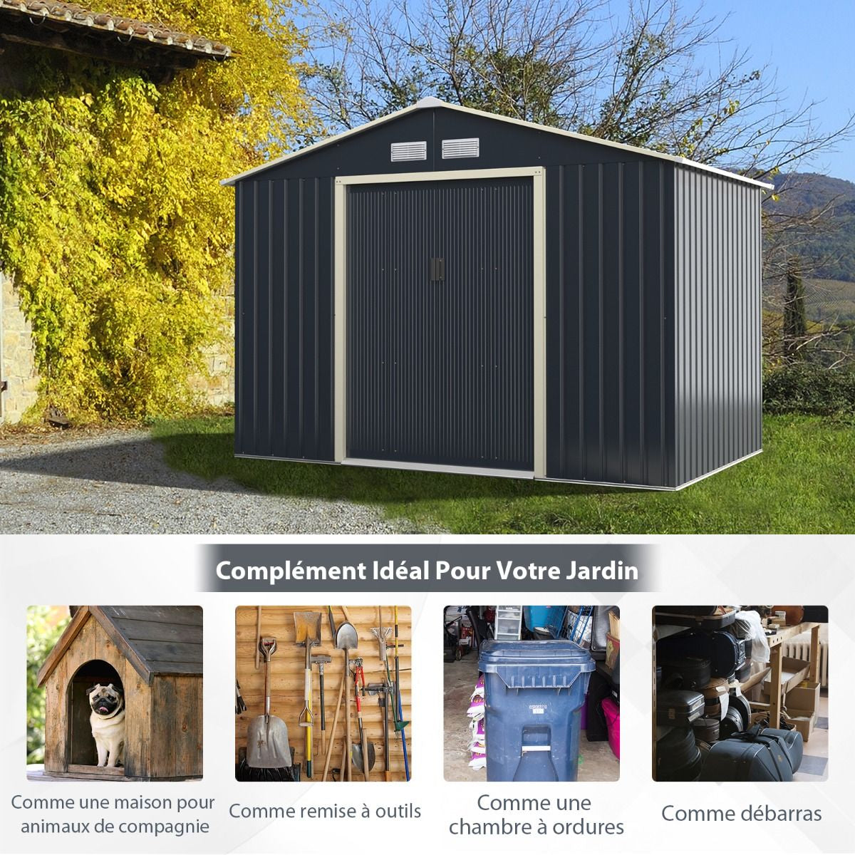 Abri De Jardin En Métal 5,29 ㎡277 X 191 X 202 Cm Avec 2 Portes Coulissantes Verrouillables 4 Trous D’Aération Gris Pour Vélo