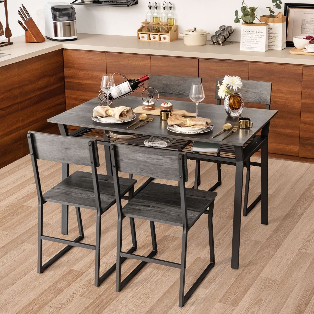 Ensemble De Table À Manger 5 Pièces Table De Cuisine Rectangulaire Industrielle Avec 4 Chaises Étagère De Rangement Cadre En Métal Ensemble Marron Rustique/Gris