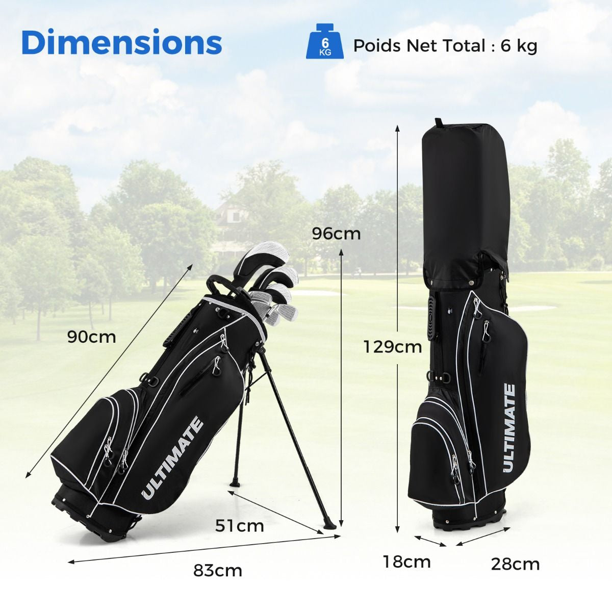 Ensemble De Clubs De Golf 9 Pièces Pour Débutant Avec Sac Trépied Conception Ergonomiqu En Métal Robuste Bleu/Gris/Noir