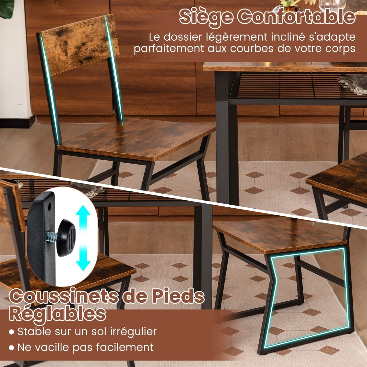 Ensemble De Table À Manger 5 Pièces Table De Cuisine Rectangulaire Industrielle Avec 4 Chaises Étagère De Rangement Cadre En Métal Ensemble Marron Rustique/Gris