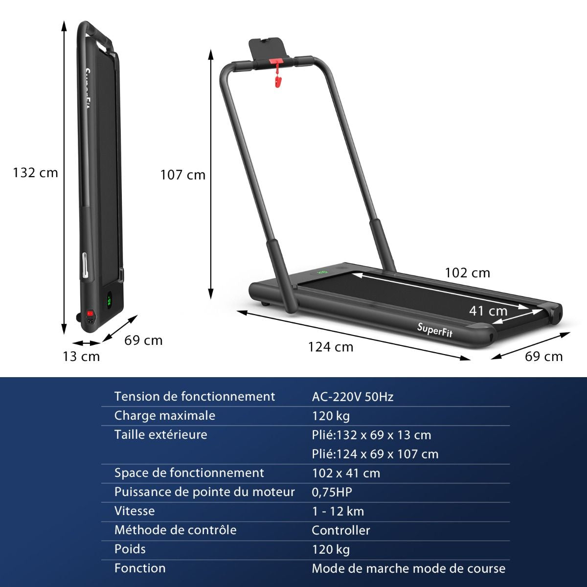 Tapis De Course Pliable 2 En 1 Tapis Roulant Électrique Motorisé 1-12 KM/H Avec Télécommande Écran LED 7 Couleurs Aux Choix