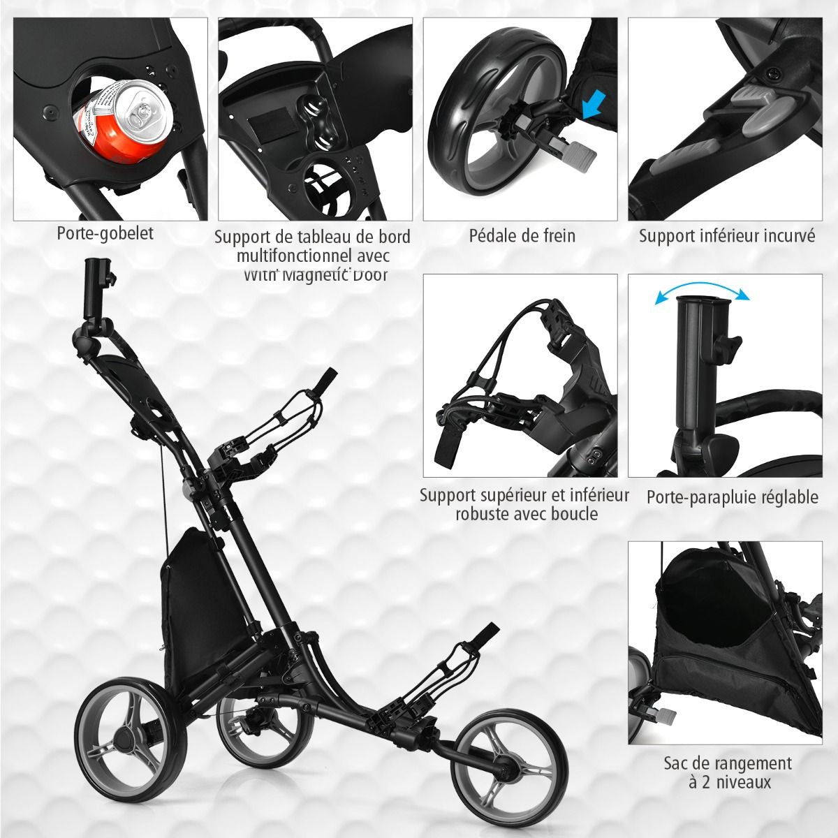 Chariot De Golf Pliable À 3 Roues Sangle Elastique Porte-Parasol Réglable Et Porte-Gobelet Sac Recouvert D'Aluminium Bleu/Gris/Rouge/Vert