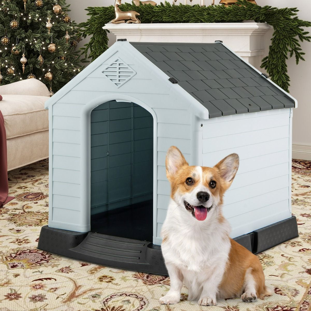 Niche Pour Chien En PP Avec Toit Bleu+Blanc Imperméable Et Ventilé-Bouche D’Aération Et Plancher Surélever 70X65X71,5Cm Taill S/M