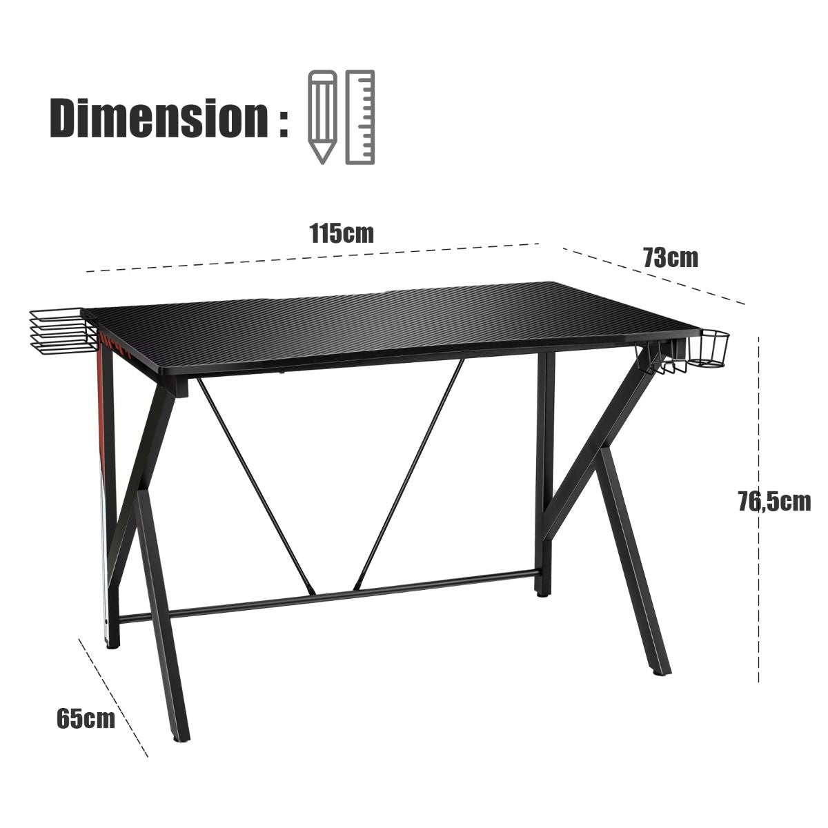 Bureau Gamer Bureau De Jeu Pour Gaming Avec Stockage Vidéo Porte-Gobelet Et Crochet 115 X 73 X 76,5 CM