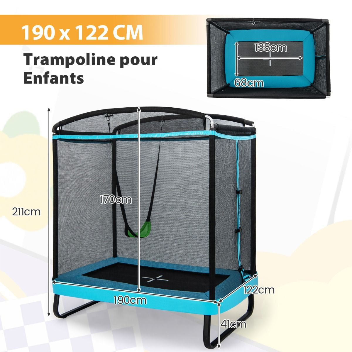 2 En 1 Trampoline Enfants (190X122Cm) Avec Balançoire Amovible Trampoline De Jardin Avec Filet De Sécurité Charge 100Kg Pour 3 Ans+ Bleu/Orange