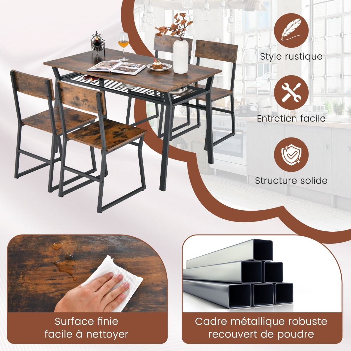 Ensemble De Table À Manger 5 Pièces Table De Cuisine Rectangulaire Industrielle Avec 4 Chaises Étagère De Rangement Cadre En Métal Ensemble Marron Rustique/Gris