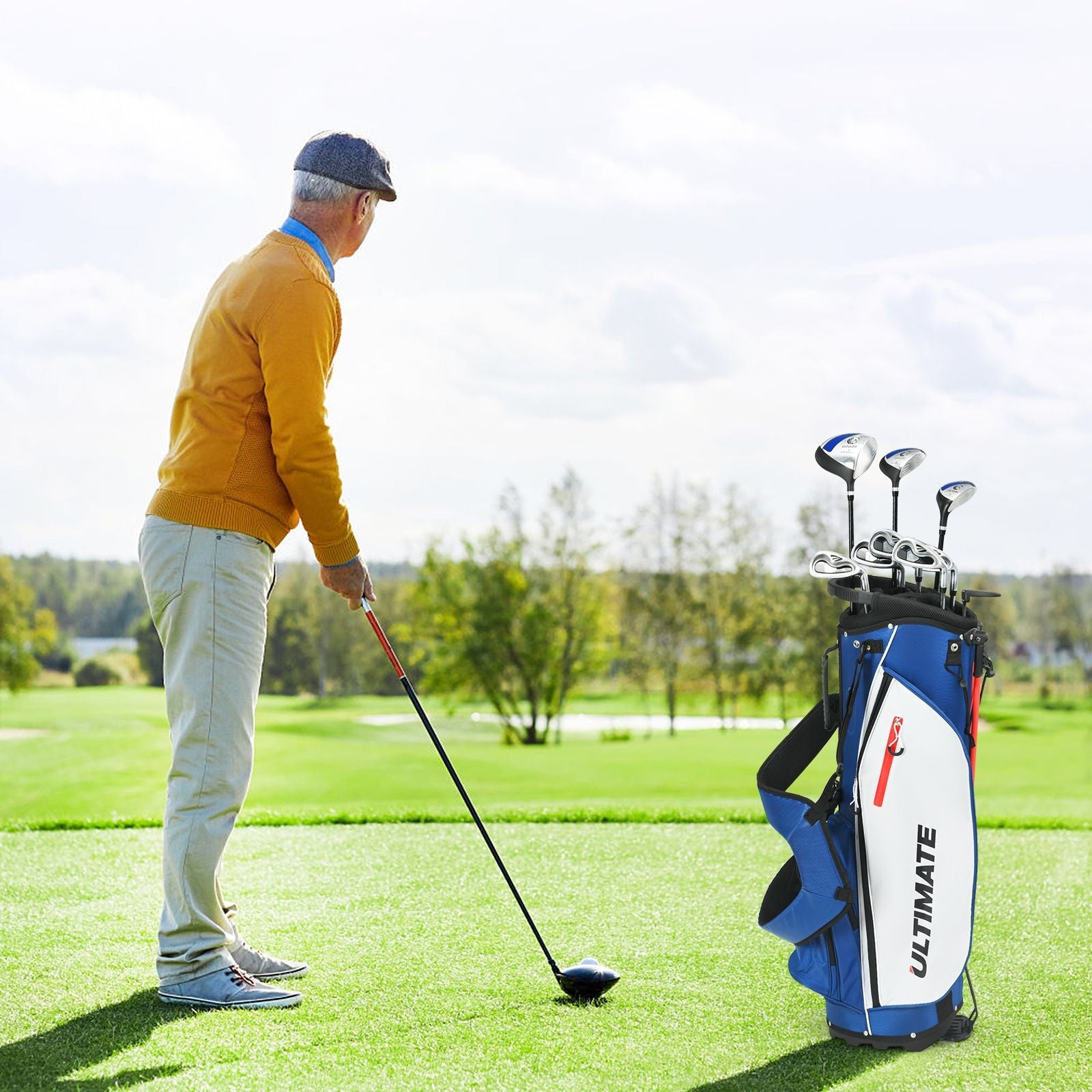Ensemble De Clubs De Golf 9 Pièces Pour Débutant Avec Sac Trépied Conception Ergonomiqu En Métal Robuste Bleu/Gris/Noir