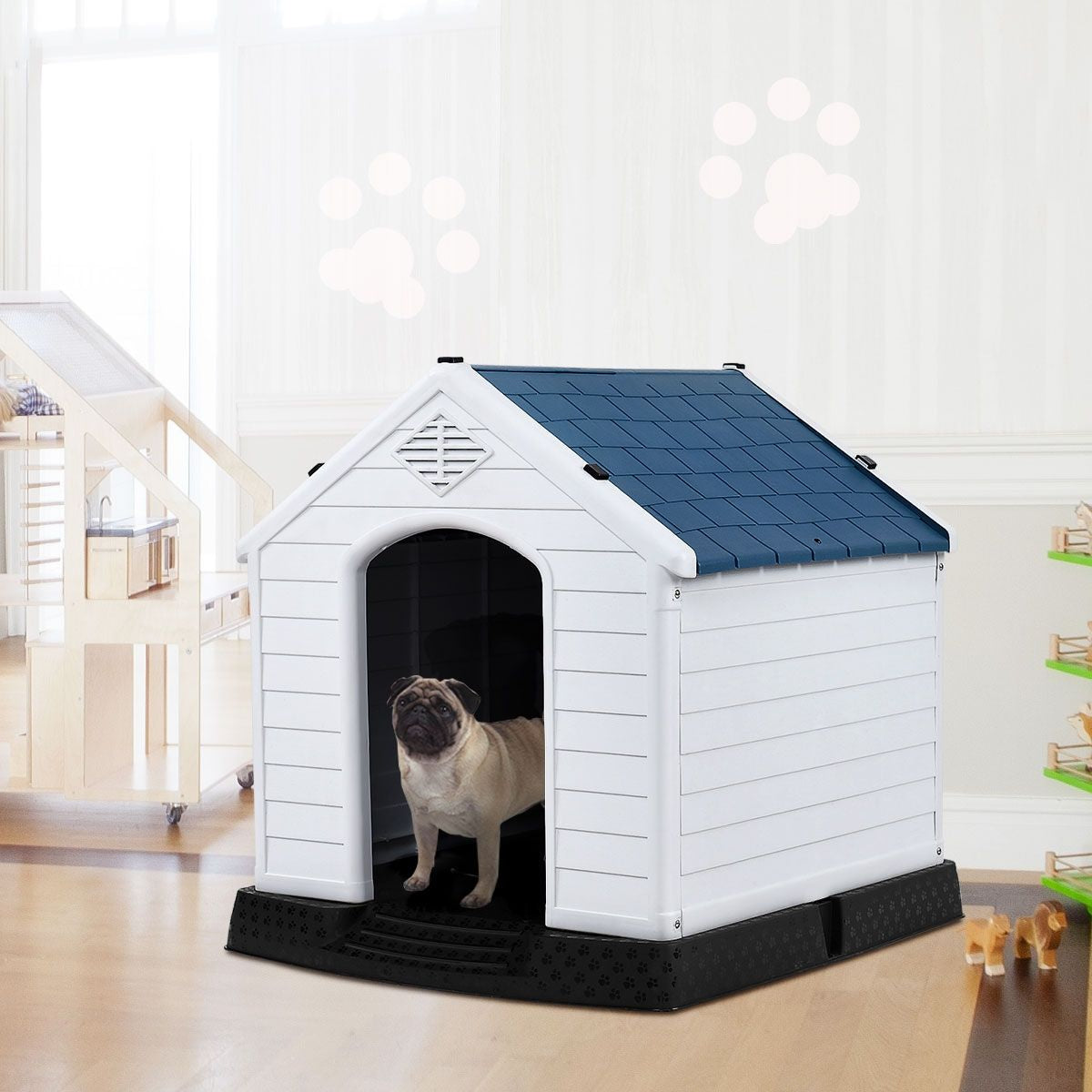 Niche Pour Chien En PP Avec Toit Bleu+Blanc Imperméable Et Ventilé-Bouche D’Aération Et Plancher Surélever 70X65X71,5Cm Taill S/M