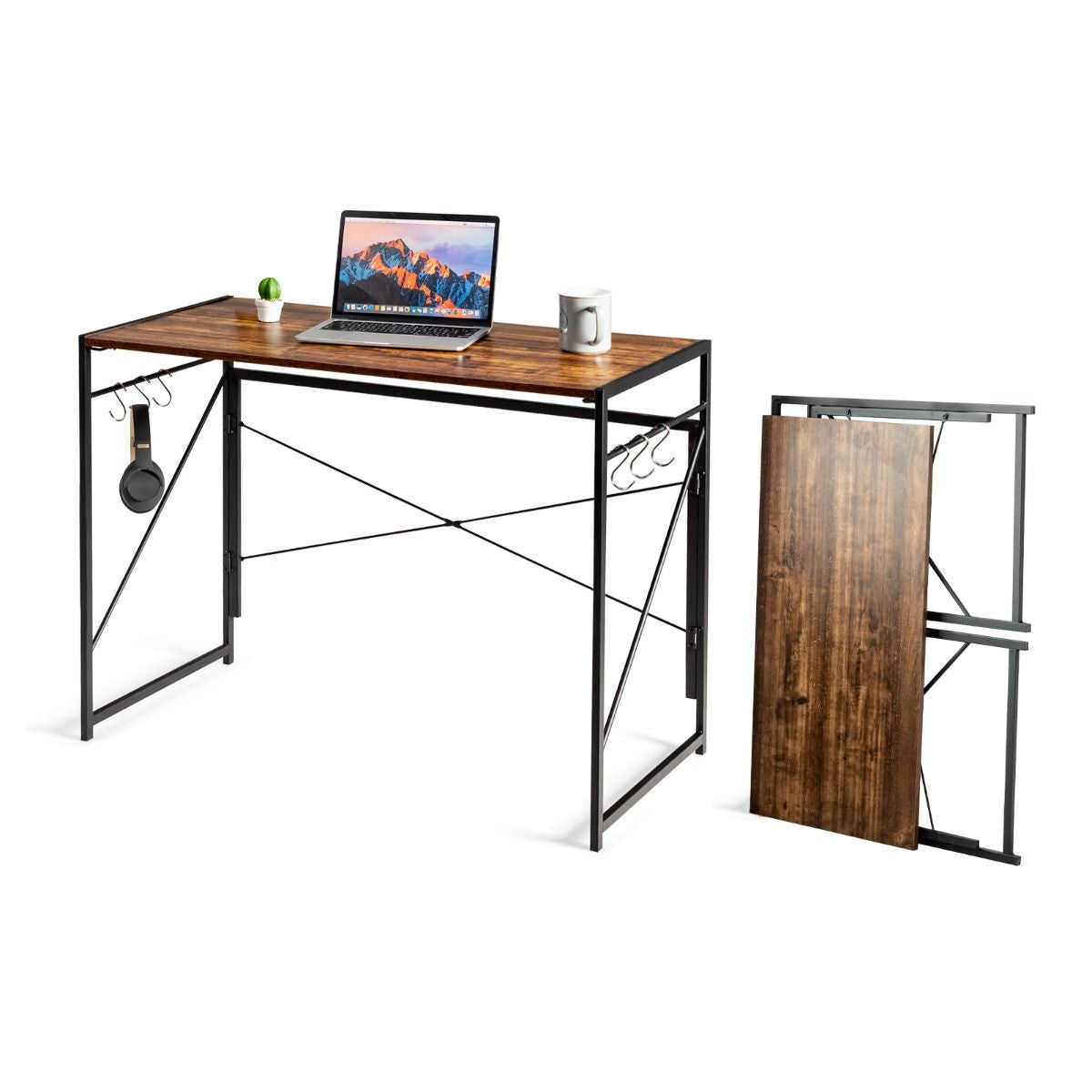 Bureau D'Ordinateur Pliant 100X50X75 Cm Table De Bureau Cadre En Métal 6 Crochets En Forme De S Style Industriel Capacité 115Kg Noir/Café/Marron