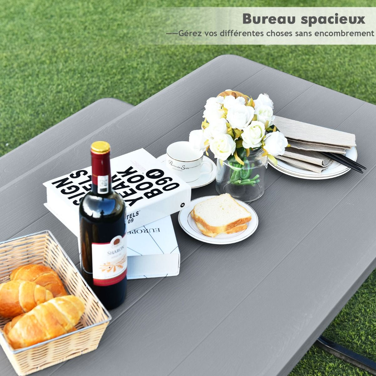 Table De Jardin Avec 2 Banc Table De Pique-Nique/Camping Pour 4 À 6 Personnes 137 X 150 X 71Cm Noir/Gris/Blanc