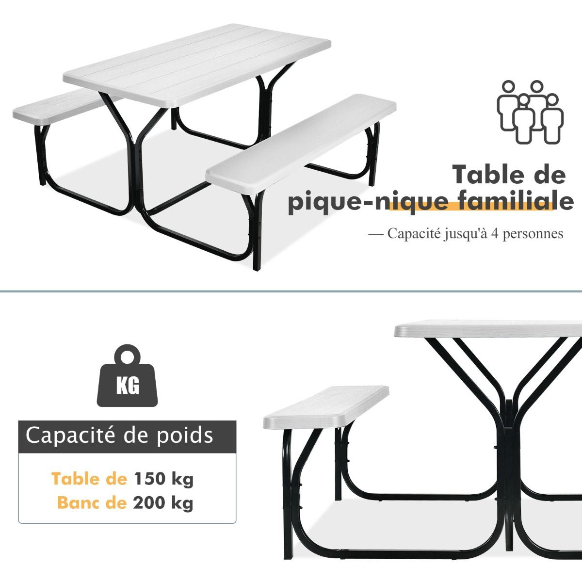 Table De Jardin Avec 2 Banc Table De Pique-Nique/Camping Pour 4 À 6 Personnes 137 X 150 X 71Cm Noir/Gris/Blanc