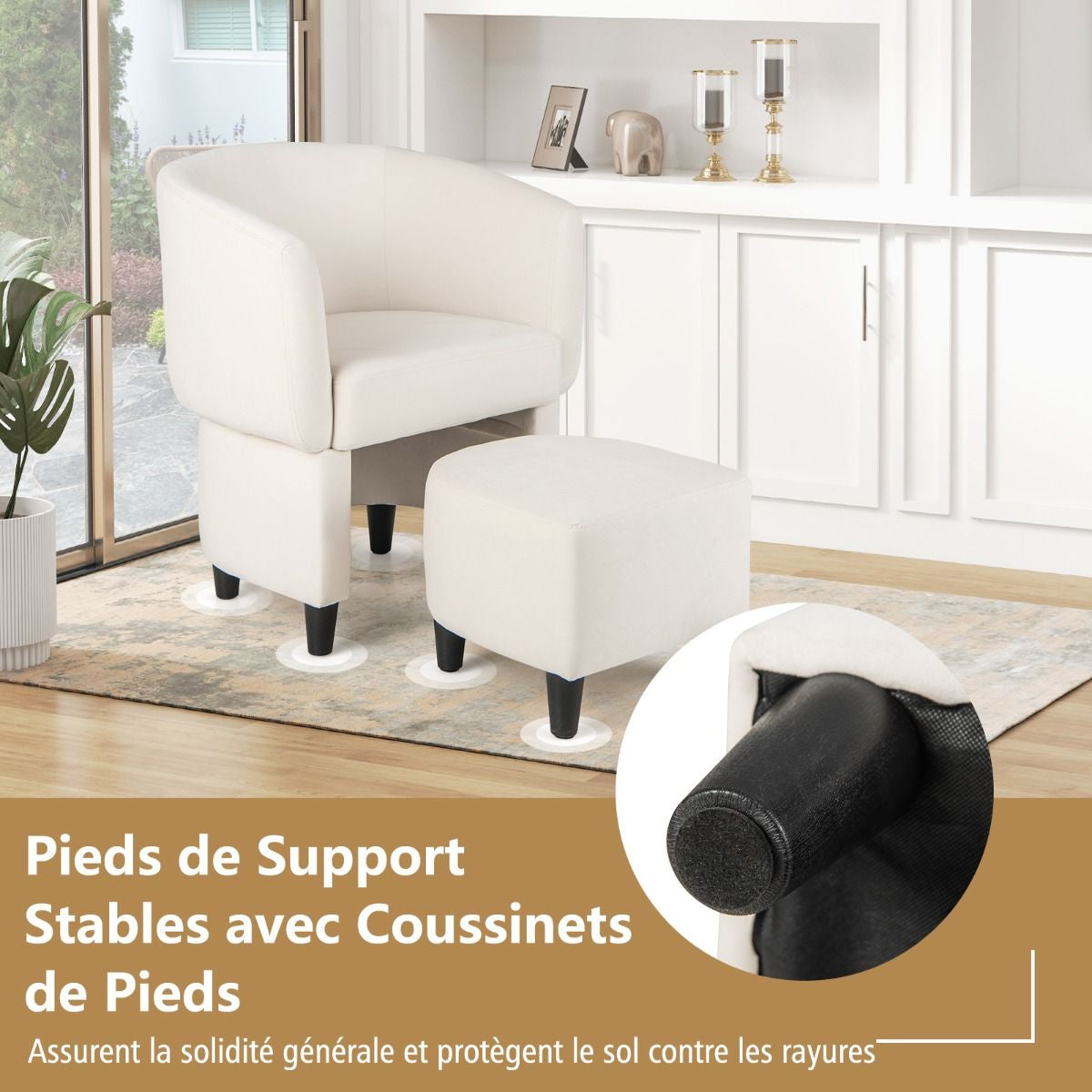 Fauteuil Tonneau Rembourré En Velours Avec Repose-Pieds Fauteuil D'Appoint Avec Pouf Cadre En Bois Massif Patins Beige/Gris