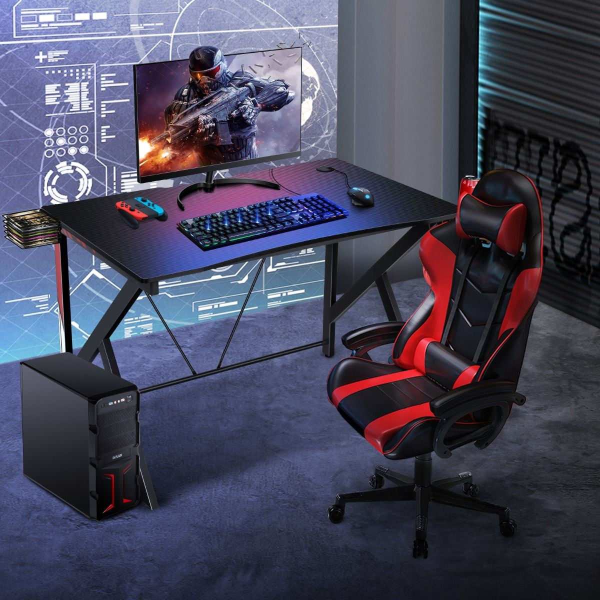 Bureau Gamer Bureau De Jeu Pour Gaming Avec Stockage Vidéo Porte-Gobelet Et Crochet 115 X 73 X 76,5 CM