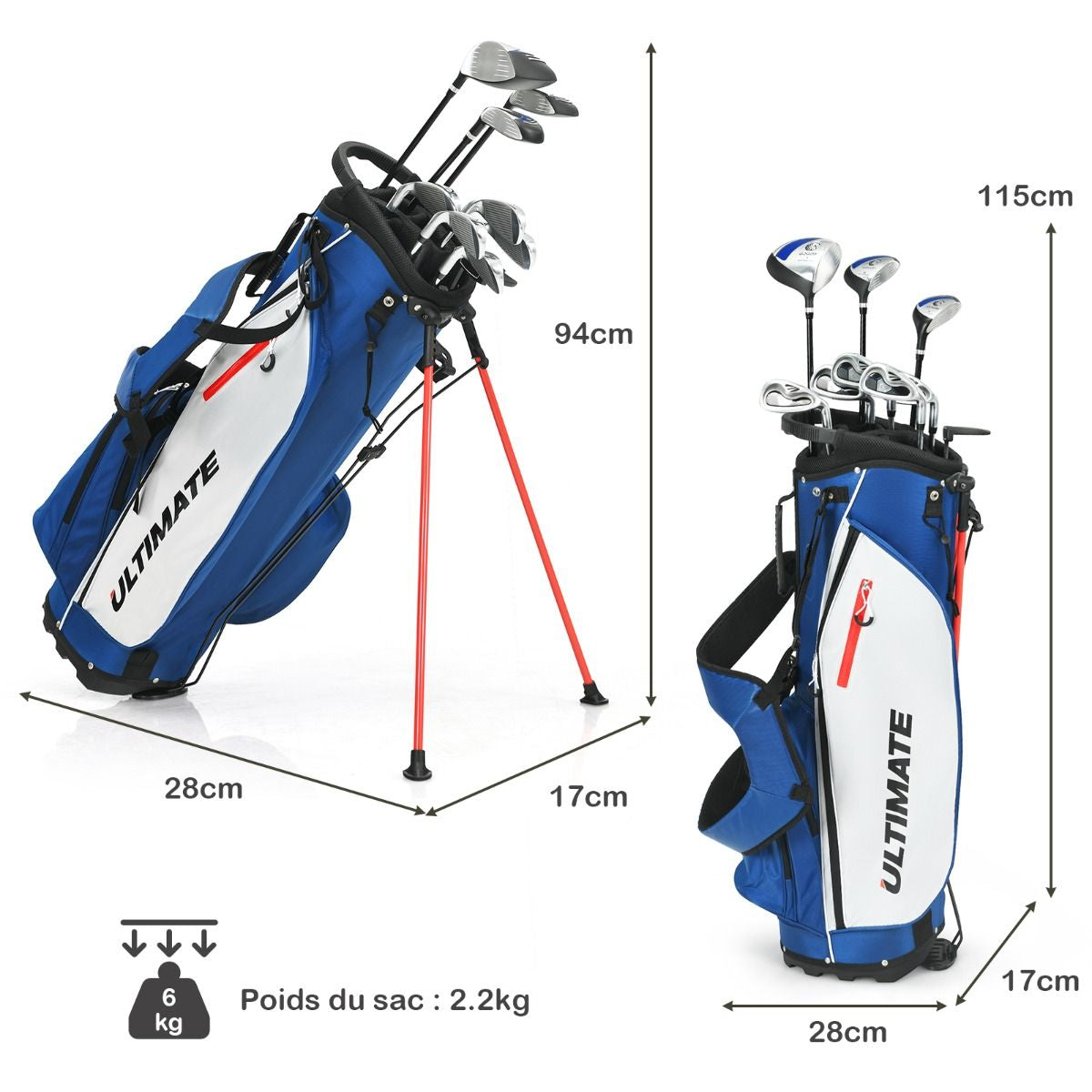 Ensemble De Clubs De Golf 9 Pièces Pour Débutant Avec Sac Trépied Conception Ergonomiqu En Métal Robuste Bleu/Gris/Noir