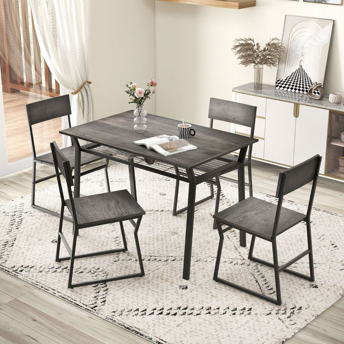 Ensemble De Table À Manger 5 Pièces Table De Cuisine Rectangulaire Industrielle Avec 4 Chaises Étagère De Rangement Cadre En Métal Ensemble Marron Rustique/Gris