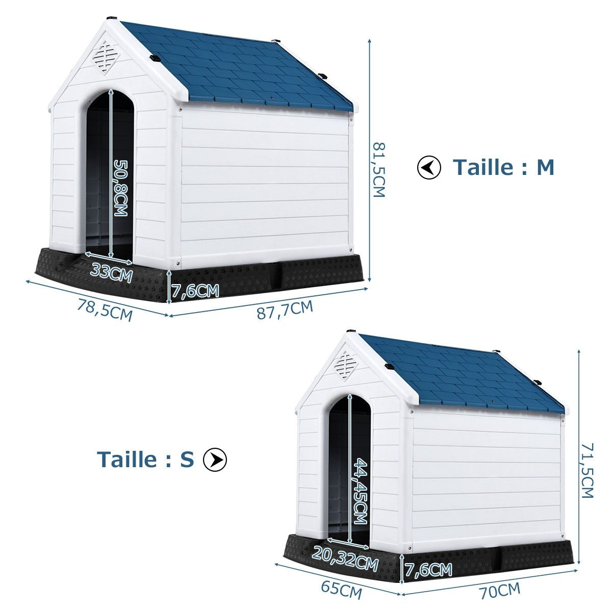 Niche Pour Chien En PP Avec Toit Bleu+Blanc Imperméable Et Ventilé-Bouche D’Aération Et Plancher Surélever 70X65X71,5Cm Taill S/M