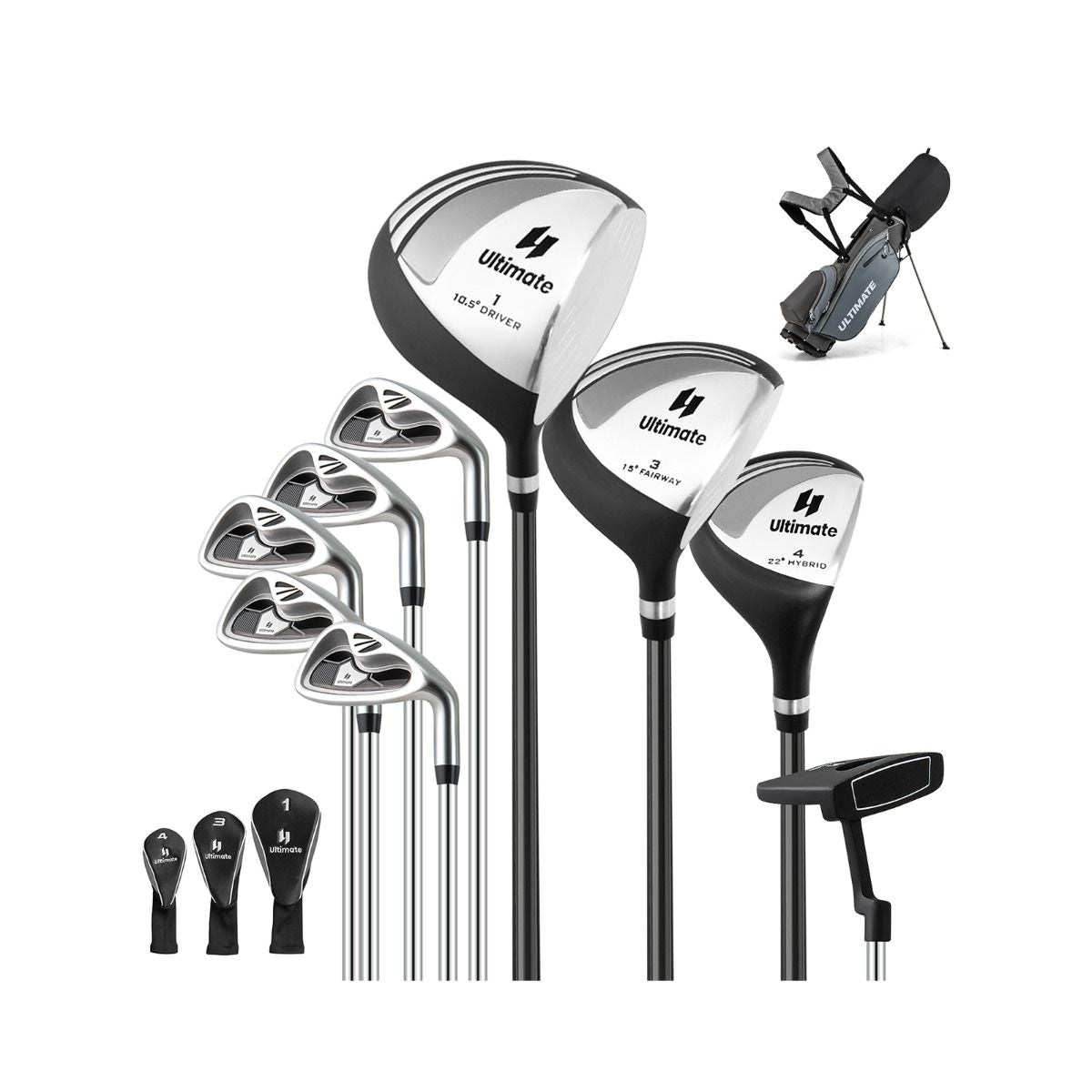Ensemble De Clubs De Golf 9 Pièces Pour Débutant Avec Sac Trépied Conception Ergonomiqu En Métal Robuste Bleu/Gris/Noir