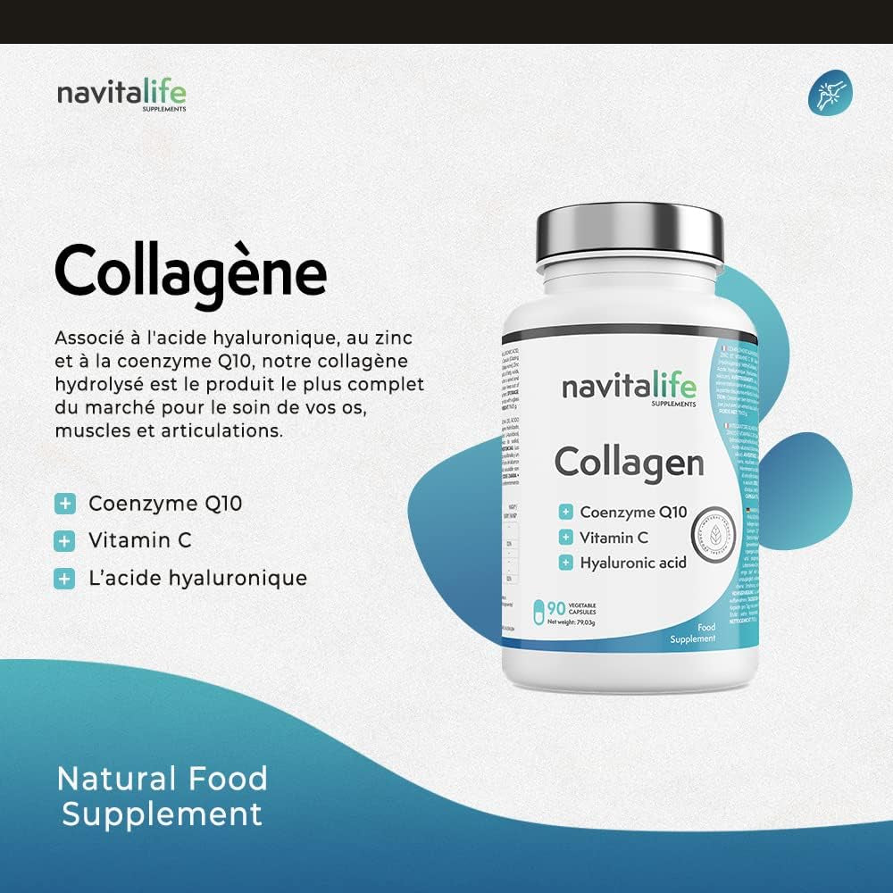 Collagene Et Acide Hyaluronique + Coenzyme Q10 + Vitamine C + Zinc | Formule Concentrée, Prise Facile Et Haute Biodisponibilité | Articulations Saines, Os Solides, Peau Jeune Et Hydratée, 90 Gélules