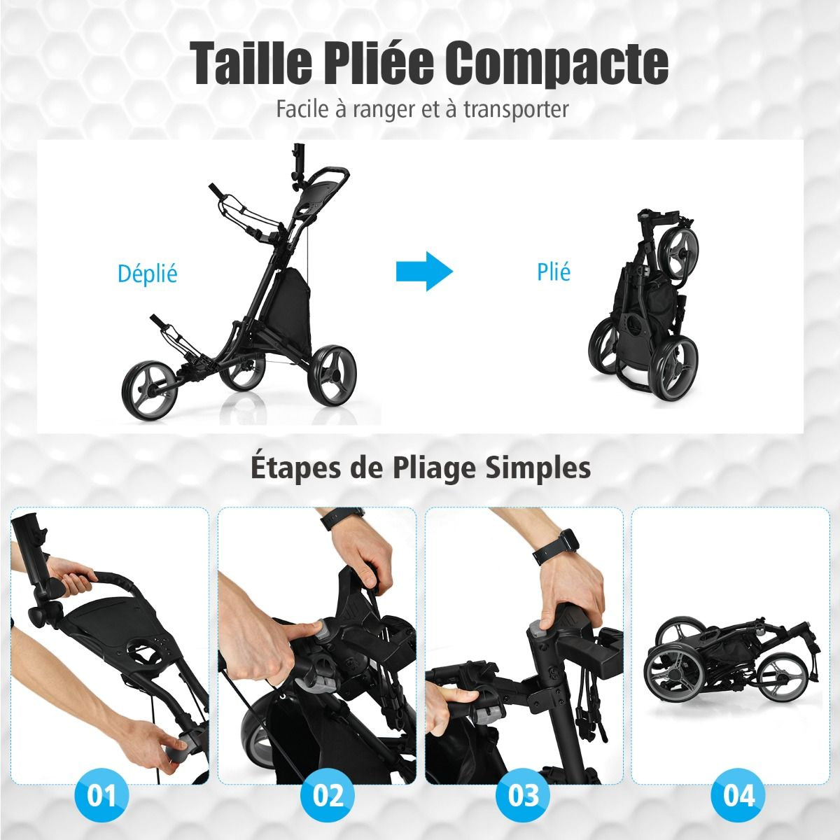 Chariot De Golf Pliable À 3 Roues Sangle Elastique Porte-Parasol Réglable Et Porte-Gobelet Sac Recouvert D'Aluminium Bleu/Gris/Rouge/Vert