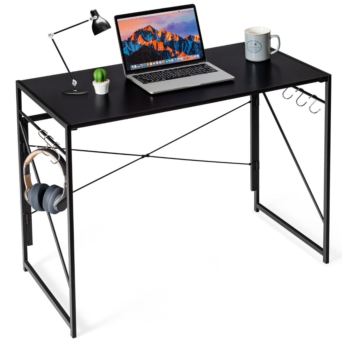 Bureau D'Ordinateur Pliant 100X50X75 Cm Table De Bureau Cadre En Métal 6 Crochets En Forme De S Style Industriel Capacité 115Kg Noir/Café/Marron