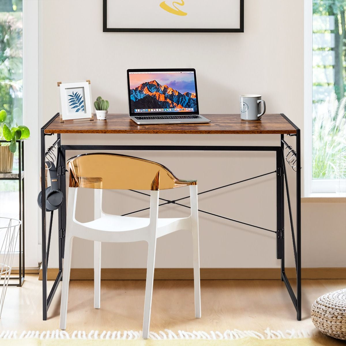Bureau D'Ordinateur Pliant 100X50X75 Cm Table De Bureau Cadre En Métal 6 Crochets En Forme De S Style Industriel Capacité 115Kg Noir/Café/Marron