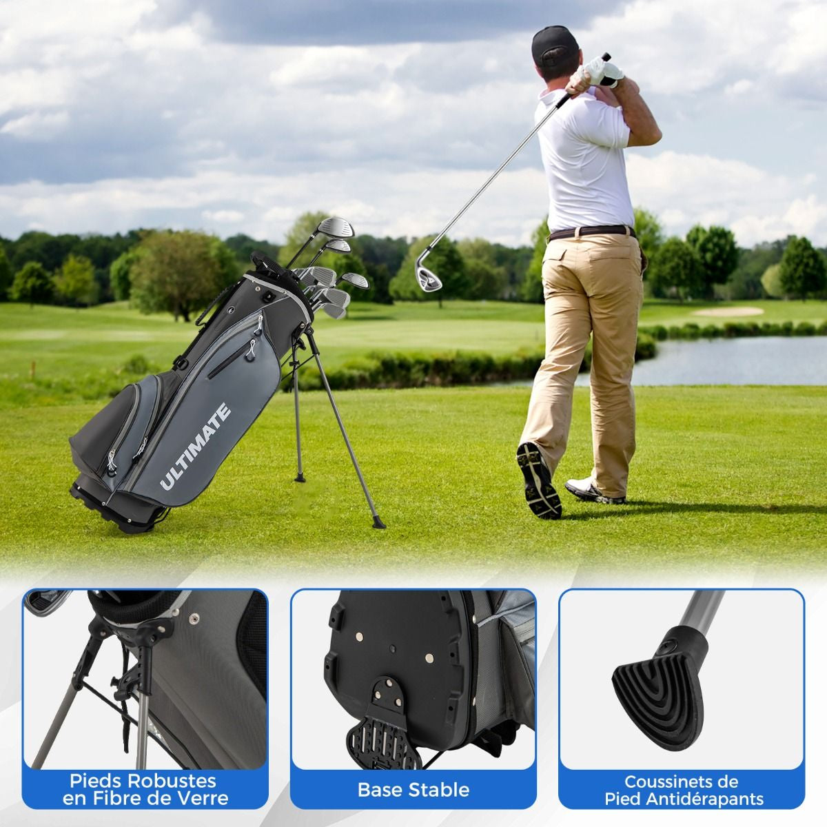 Ensemble De Clubs De Golf 9 Pièces Pour Débutant Avec Sac Trépied Conception Ergonomiqu En Métal Robuste Bleu/Gris/Noir
