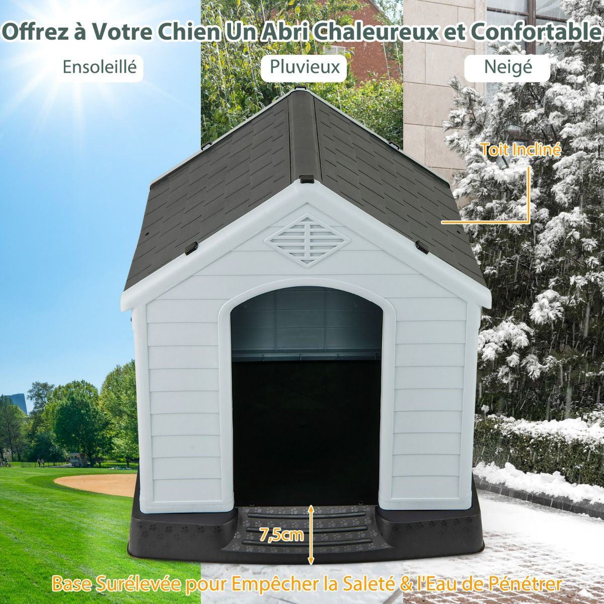 Niche Pour Chien En PP Avec Toit Bleu+Blanc Imperméable Et Ventilé-Bouche D’Aération Et Plancher Surélever 70X65X71,5Cm Taill S/M