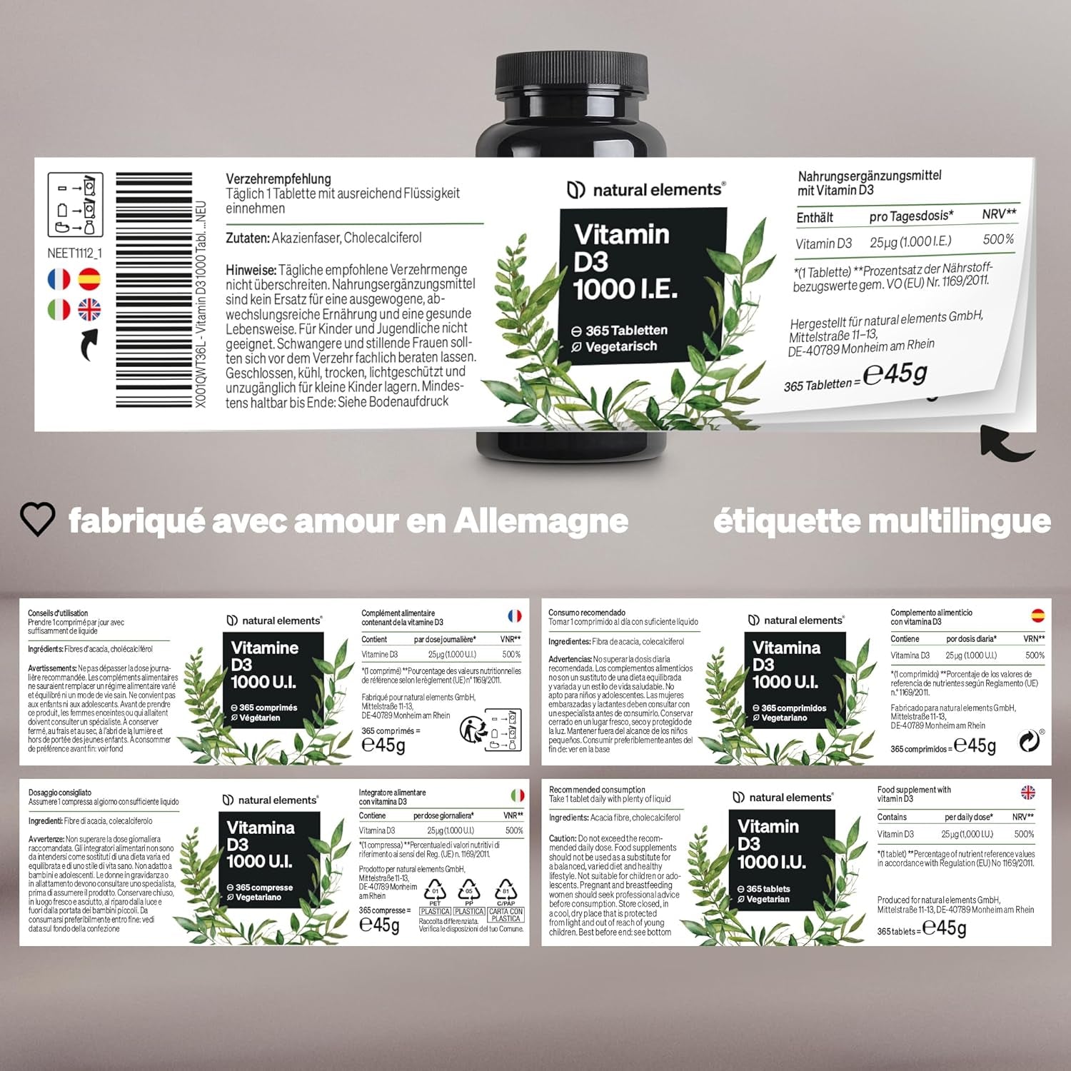 Vitamine D3 1000 U.I. – 365 Comprimés En Provision Annuelle – Pour Les Os Et Le Système Immunitaire – Vitamine D – Hautement Dosé, Sans Additifs Inutiles – Contrôlé En Laboratoire