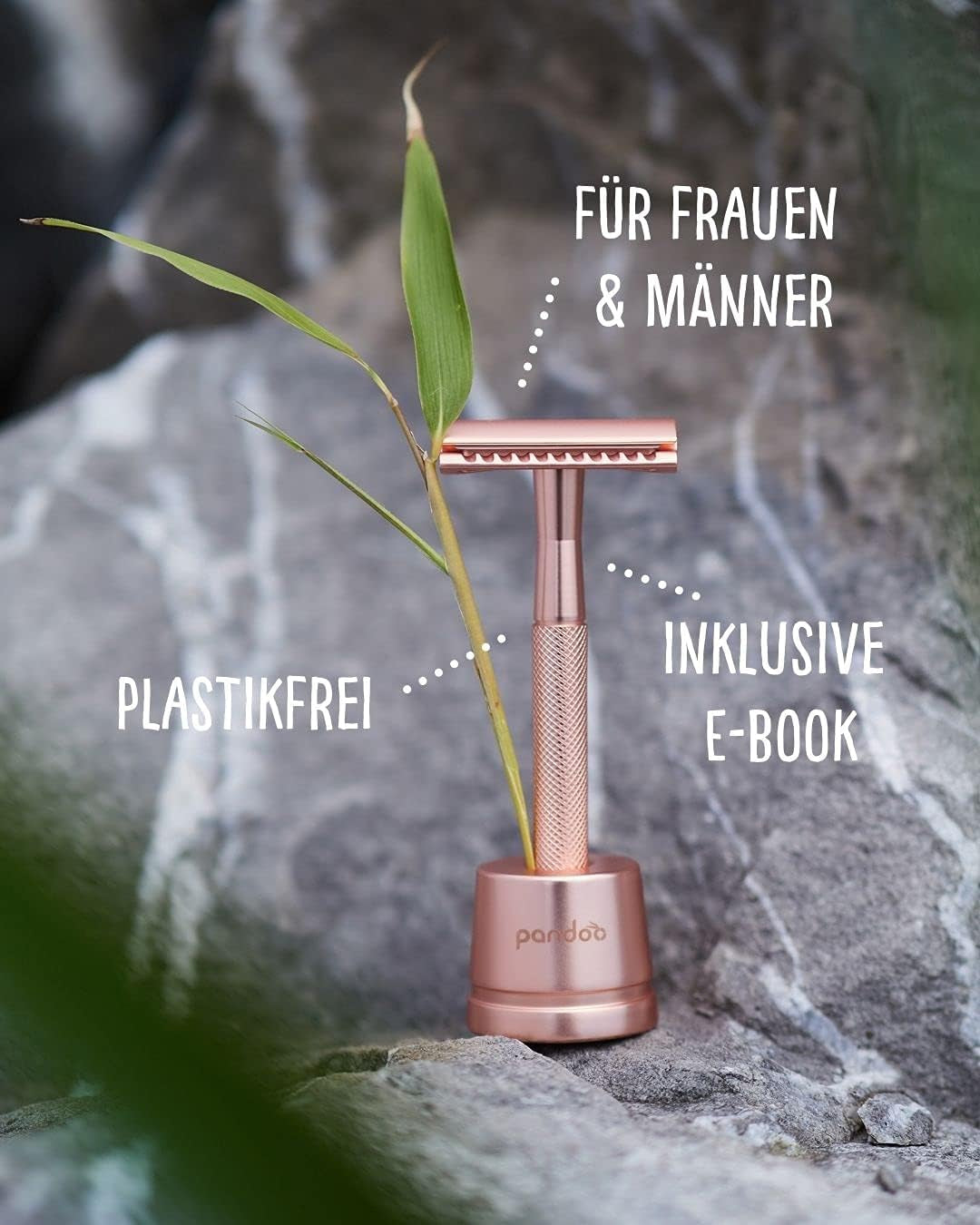 Pandoo Zero Waste Rasoir De Sûreté, Avec Support, En Métal, Sans Plastique, Humide, Pour Homme Et Femme, Rose