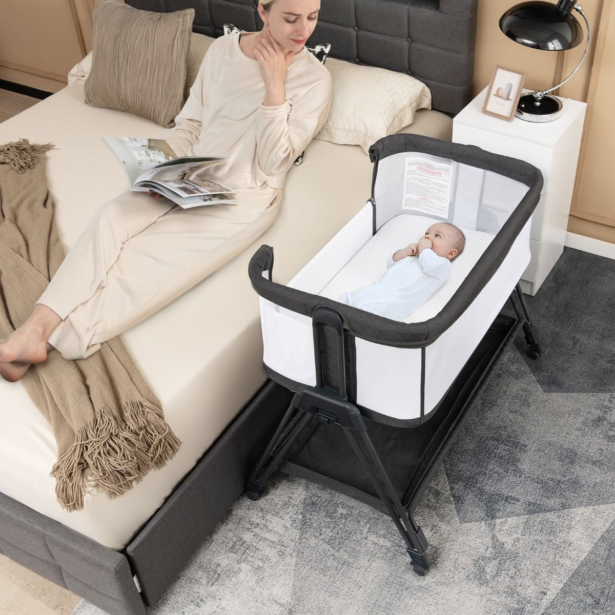 Lit De Chevet Pour Bébé Berceau Lit Pliant Portable Berceau Réglable Avec Rangement Gris/Noir